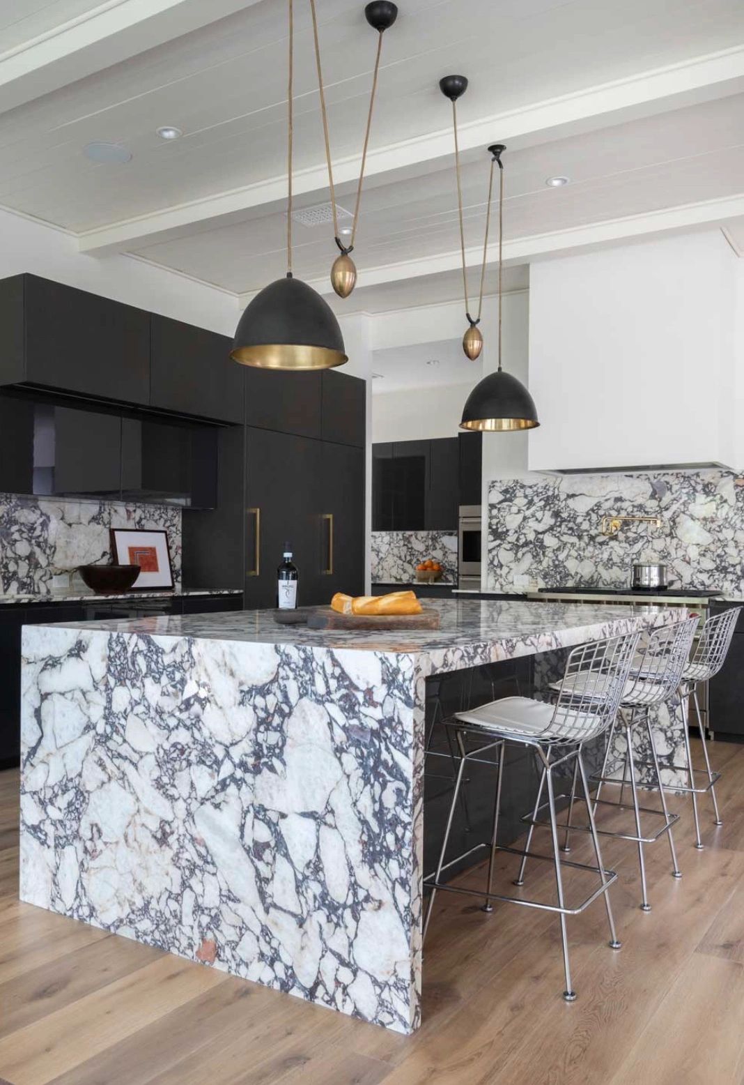 Viola Calacatta Marble Kitchen Countertops and island waterfall